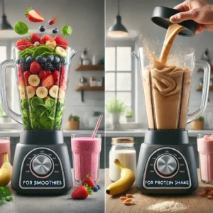 Sammenligning av blender for smoothies med frukt og blender for proteinshakes med proteinpulver og melk.