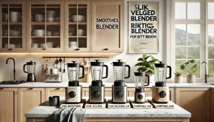 Moderne kjøkken med ulike blendere merket for smoothies, supper, isknusing og daglig bruk, med banneret 'Slik velger du riktig blender for ditt behov