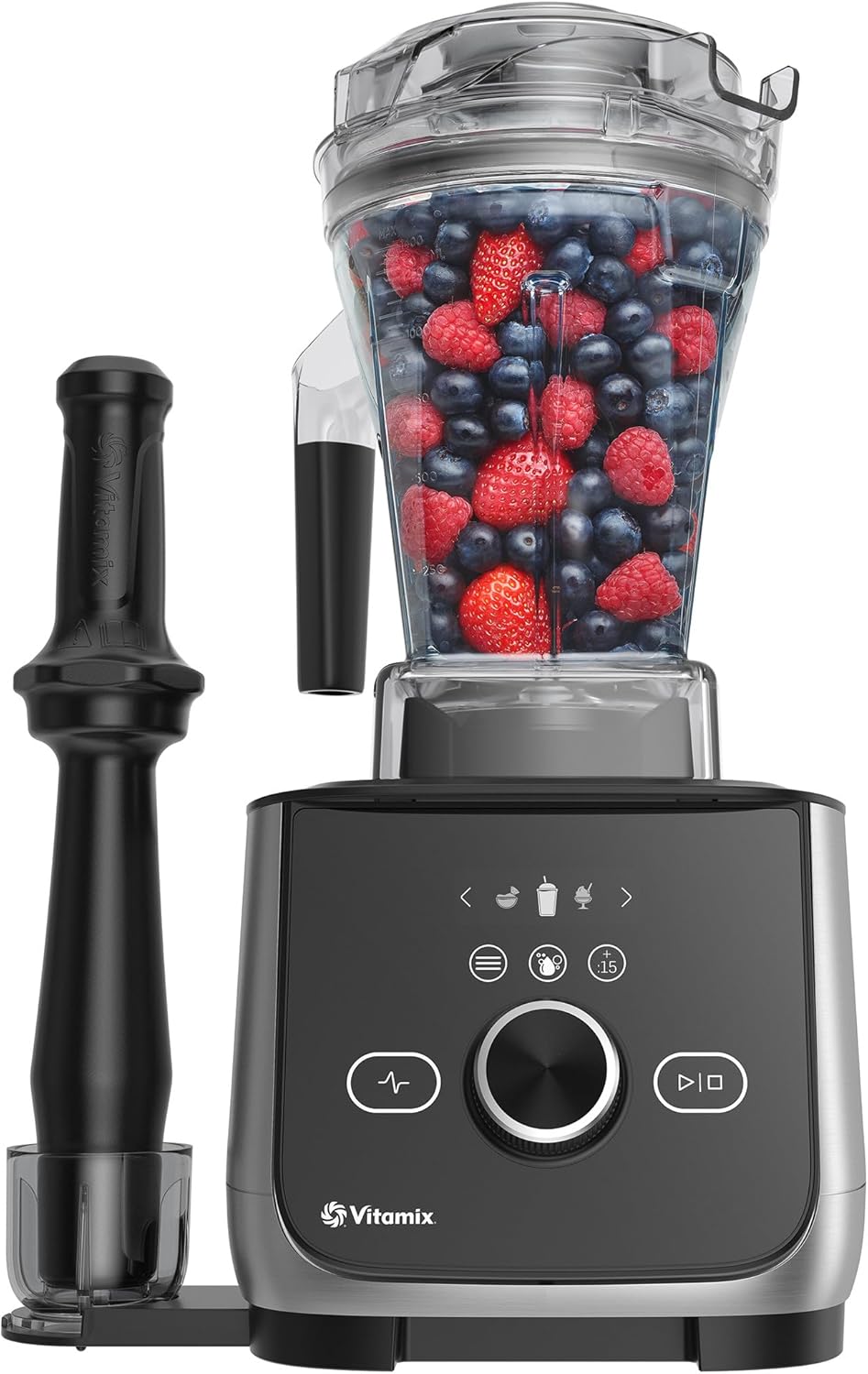 Vitamix Ascent X4 blender med 48 oz. beholder fylt med friske bær og et digitalt kontrollpanel med flere forhåndsinnstilte programmer.