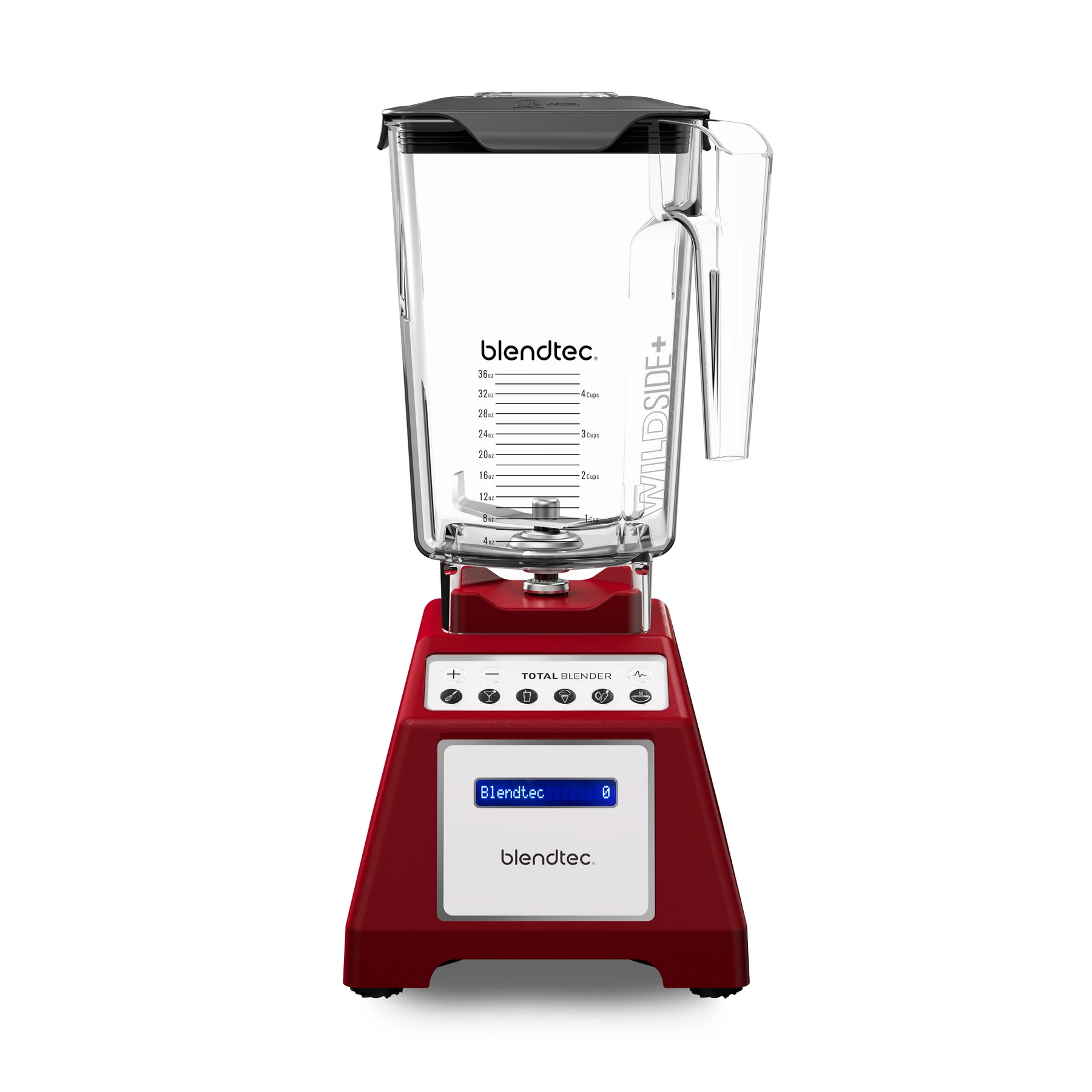 Blendtec Total Classic blender i rødt design med kraftig base og digitale kontroller, plassert på et moderne kjøkken.