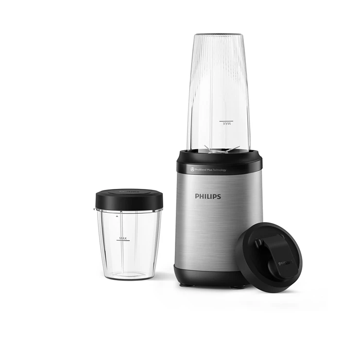 Philips kompakt blender med ProBlend-teknologi, med to avtakbare beholdere og lokk, i rustfritt stål design.