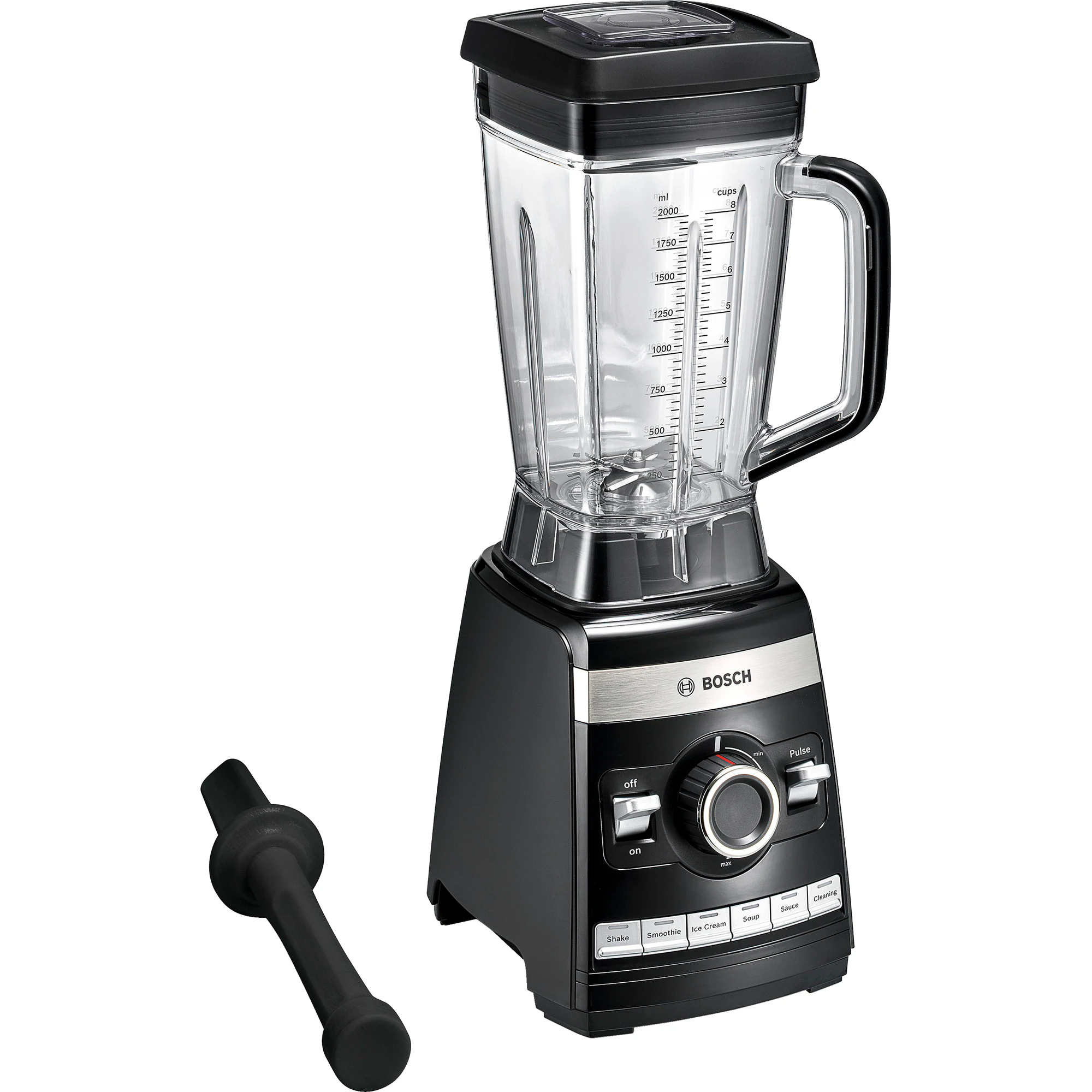 Bosch VitaBoost Blender MMBH6P6B med 1600W motor og 2-liters Tritan-beholder, inkludert røreredskap, ideell for smoothies, supper, sauser og isknusing.